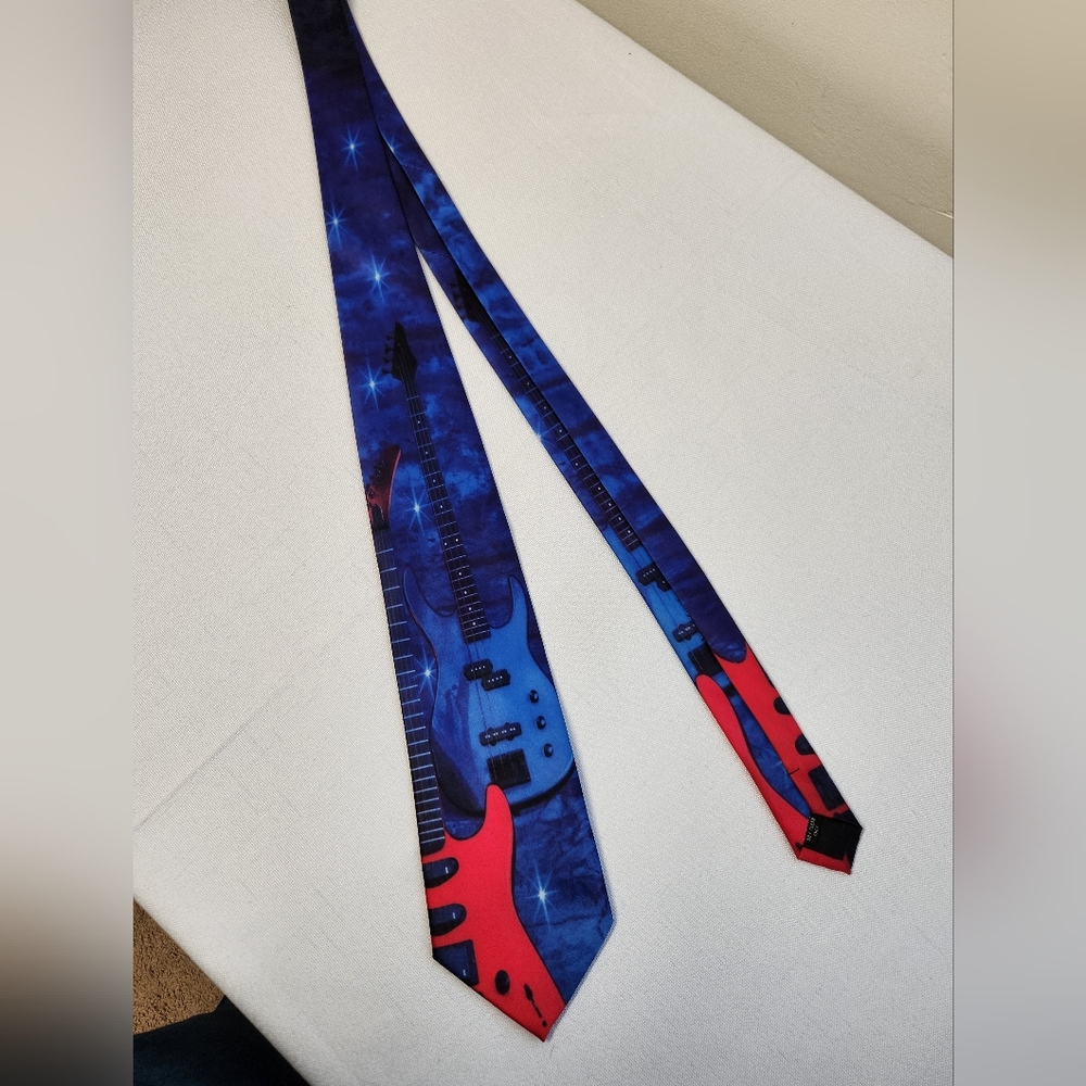 Three Rooker Blue and Red Guitar Print Tie